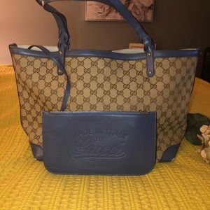 Authentic Gucci Tote - canvas and blue leather accents